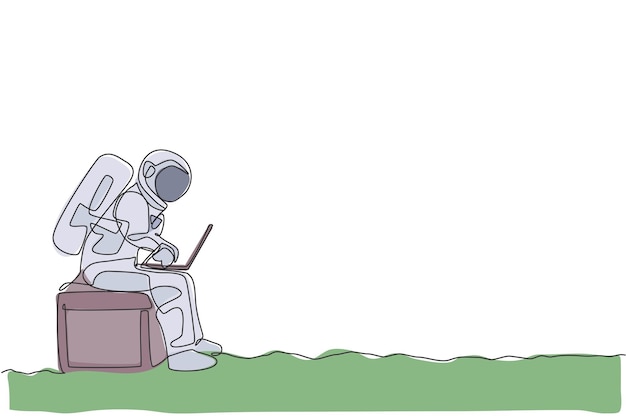 One continuous line drawing spaceman on spacesuit siting on chair while typing in laptop vector