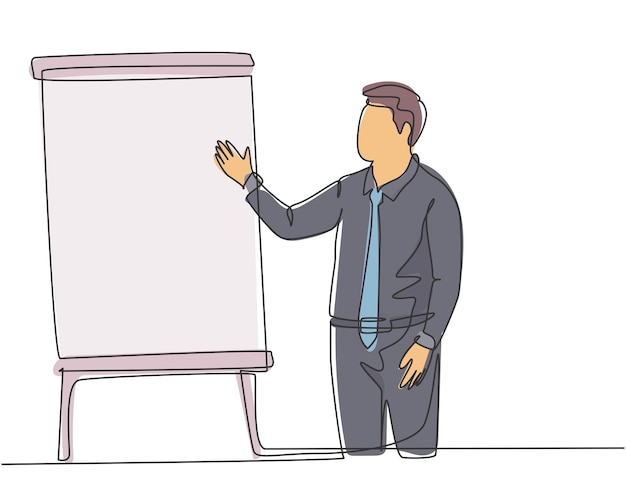 One continuous line drawing young presenter delivering increasing product report to finance manager