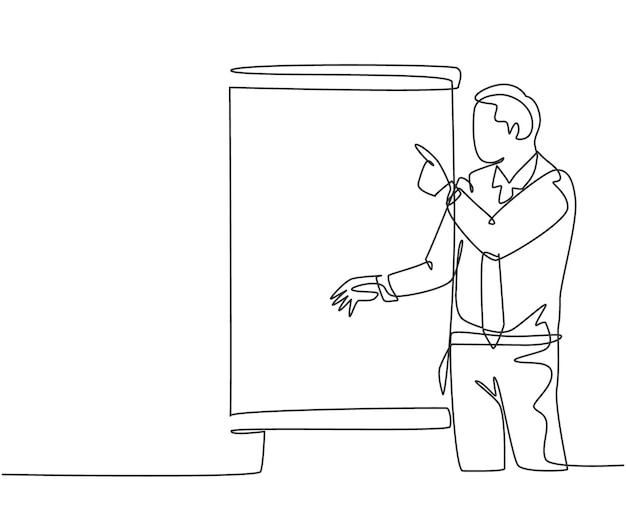 One continuous line drawing young startup founder presenting new technology innovation in their apps