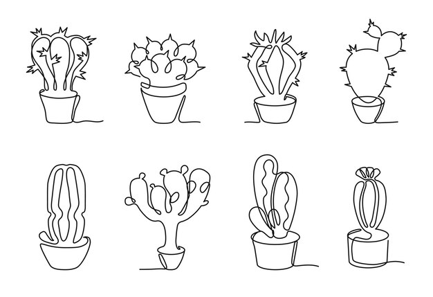One continuous line potted cactus Mexican prickly succulent with thorns in pots Botanical plants with blooming flowers