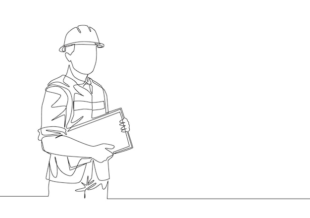 one line draw attractive foreman controlling building development progress while holding clipboard