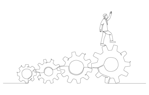 one line drawing of businessman stepping from small cog to larger cog development in job position