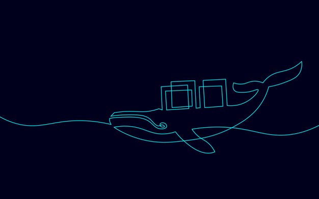 One line whale and container computer docker developer app concept. Sketch drawing open source program. Data coding vector line illustration