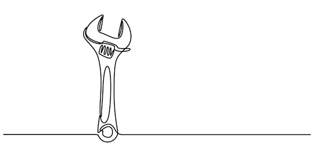One mechanical wrench for nuts drawn in one continuous line black color isolated on white background