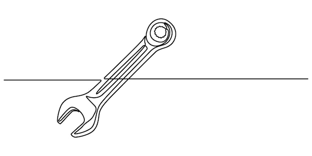 One mechanical wrench for nuts drawn in one continuous line black color isolated white background