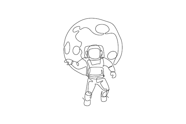 one single line drawing of astronaut exploring cosmic galaxy flying in front of full moon vector