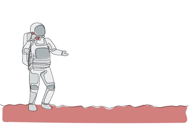 one single line drawing of cosmonaut in moon surface make an emergency call to colleague vector art