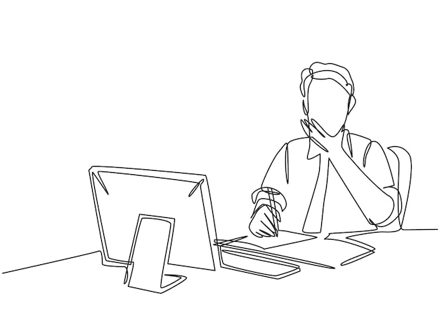 one single line drawing of pensive businessman sitting and watching computer screen to analyze data