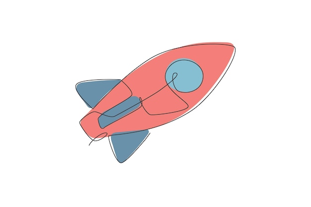 one single line drawing of simple vintage rocket takes off into the outer space vector exploration