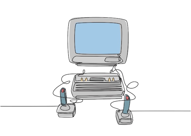 One single line drawing set of classic arcade video game player with joystick Vintage console game