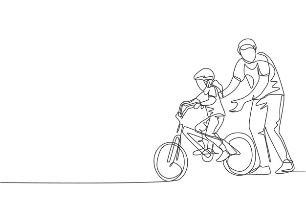One single line drawing young father teaching his daughter riding bicycle Fatherhood lesson vector