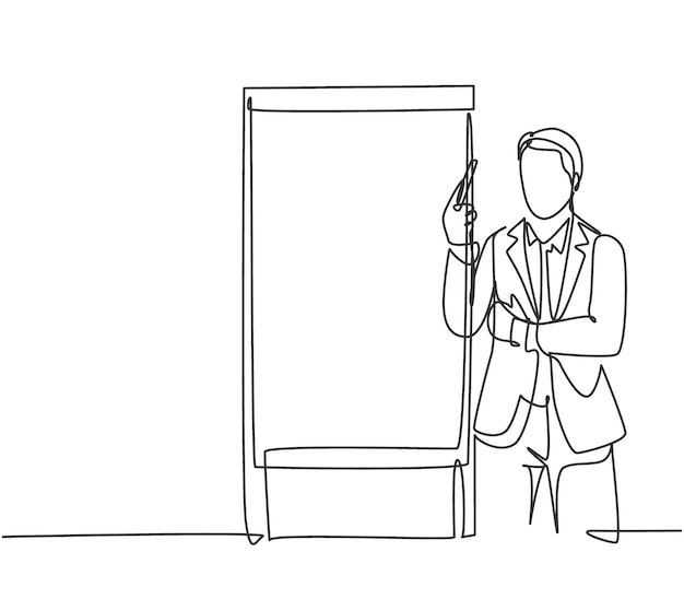 One single line drawing young presenter holding big screen board to introduce new product of company