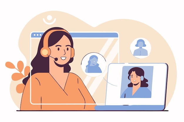 Online assistant user help frequently asked questions Call center worker cartoon character Woman working at hotline