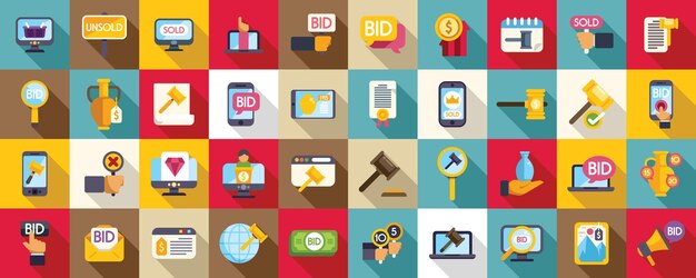 Online auction icons set flat vector Bid property law