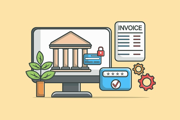 Online banking concept in flat line design financial service color outline scene objects composition