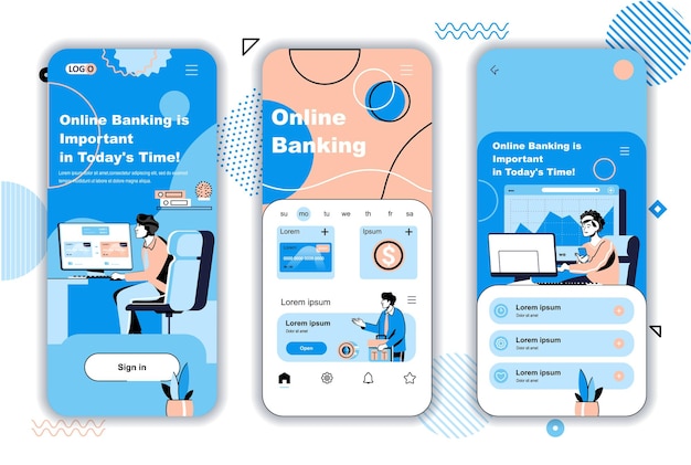 Online banking concept onboarding screens for mobile app templates financial transactions at bank