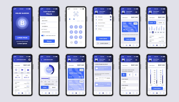 Online banking unique design kit for app. Mobile wallet screens with financial account and transaction confirmation. Financial management UI, UX template set. GUI for responsive mobile application.
