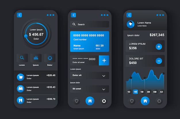 Online banking unique neomorphic  kit. Financial management app, transfer funds, pay bills, deposit checks. Financial invest and manage UI, UX template set. GUI for responsive mobile application