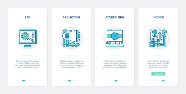 Online business promotion seo technology ux ui onboarding mobile app page screen set.