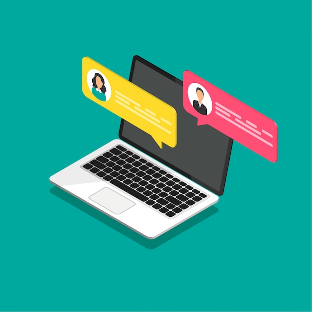 Online chat koncept. Isometrisk bærbar computer med dialogbokse. Moderne design af beskedbobler.