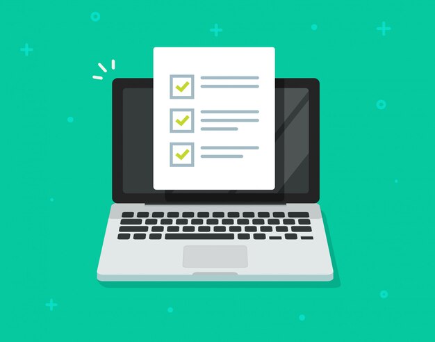 online check list or to do task list document on laptop computer  flat cartoon