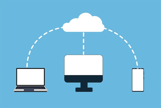Online cloud storage concept vector Transferring data from a mobile laptop and computer to cloud storage Data save and transformation concept Cloud data storage and management