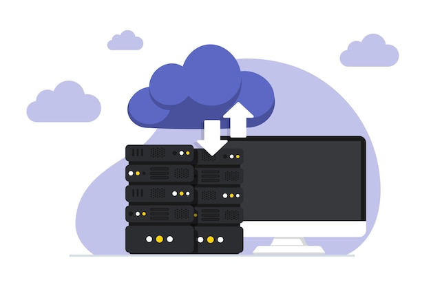 Online Cloudcomputing Datacenter Web hosting service Database til dokumenter og fil Cloud Storage Upload og download datafilstyring Dataoverførsel backup Vektor illustration