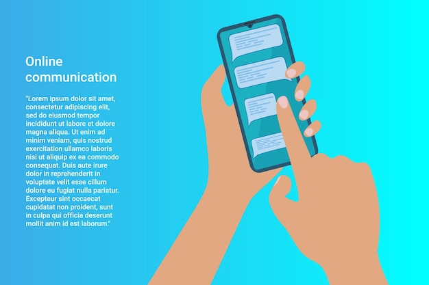 Online communication A person using a smartphone sends a message social networks and messengers