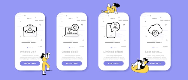 online consultation with a doctor set icon first aid kit computer phone cloud support service healthcare concept ui phone app screens with people vector line icon for business and advertising