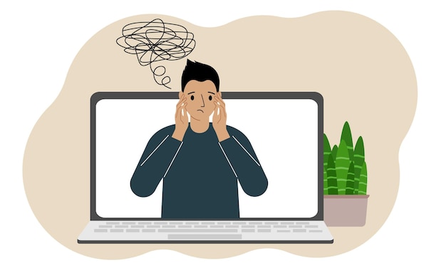 Online consultation with a psychologist Laptop with a man with confused thoughts Psychotherapeutic practice psychiatric consultation