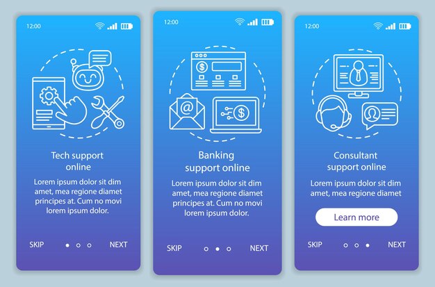 online customer support onboarding mobile app page screen vector template