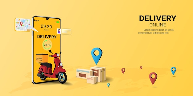 Online delivery package by scooter on mobile phone Internet ecommerce Online food order