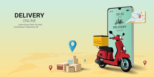 Online delivery package by scooter on mobile phone Online order shipping 3D Vector illustration