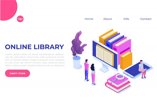 online digital library isometric, online book shop, e-learning, ebook.  illustration.