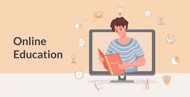 Online education and internet learning flat cartoon banner design. Distant learning, web studying.