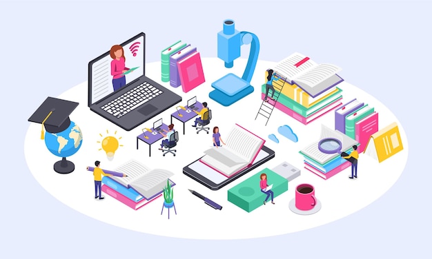 Online education concept university students studying home using computer isometric vector concept