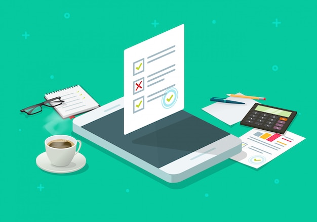online form survey or quiz exam test results report on mobile phone cellphone isometric 