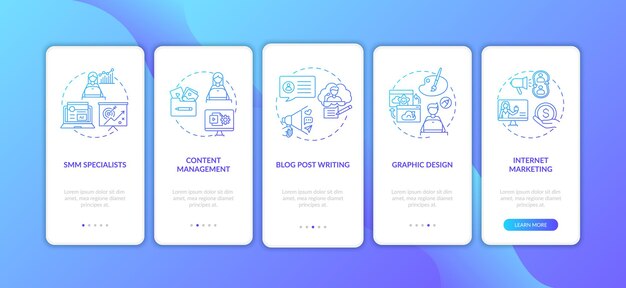 Online freelance arbejde mørkeblå onboarding mobil app side skærm med koncepter