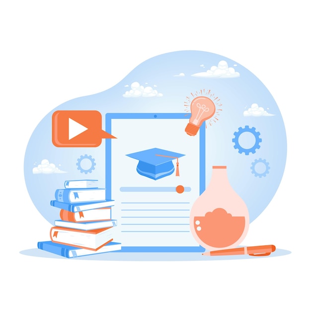 Online learning applications Group of people using smartphones and educational video Elearning concept Flat vector illustration