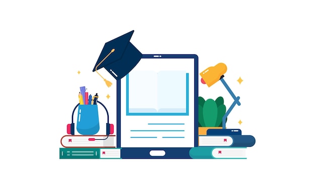 online learning flat design illustration with educational tools for education or learning concept