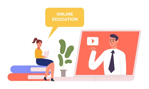 Online learning workshop tutorials People learning by reading books vector illustration Laptop with virtual tutorial