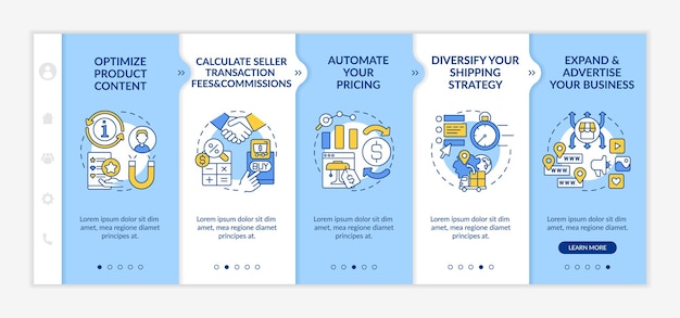 Online market place success onboarding vector template. Responsive mobile website with icons. Web page walkthrough 5 step screens. Calculating fees, commissions color concept with linear illustrations