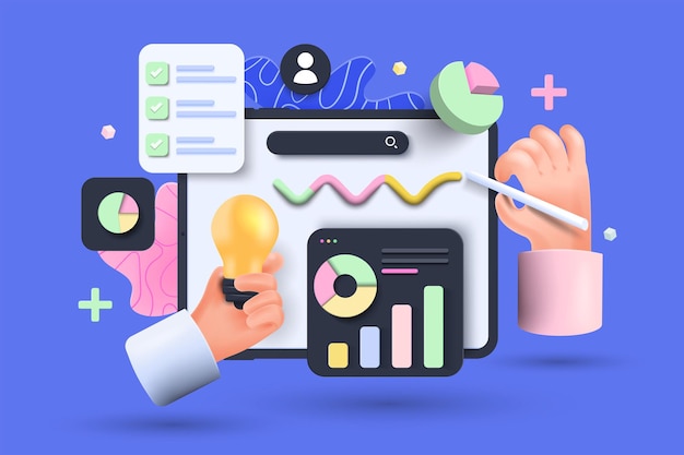 Online marketing, financial report chart, data analysis, and web development concept. Tablet with data chart. 3D vector illustration