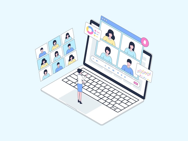 Online Meeting Isometric Illustration Lineal Color. Suitable for Mobile App, Website, Banner, Diagrams, Infographics, and Other Graphic Assets.