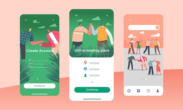 online meeting place mobile app page onboard screen template informal greetings happy people giving high five and hit elbows cheerful friends colleagues concept cartoon people vector illustration