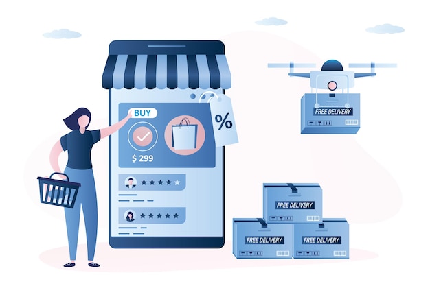 Online mobile shop Woman buys goods online and drone delivers package boxes Free and fast delivery
