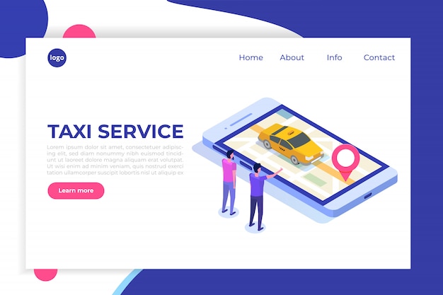 Online mobile taxi app isometric concept. GPS route point and Yellow cab.