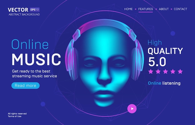 online music streaming service landing page template with a high-quality rating. abstract outlined  illustration of cyber human head with wireless headphones silhouette in  neon line art style