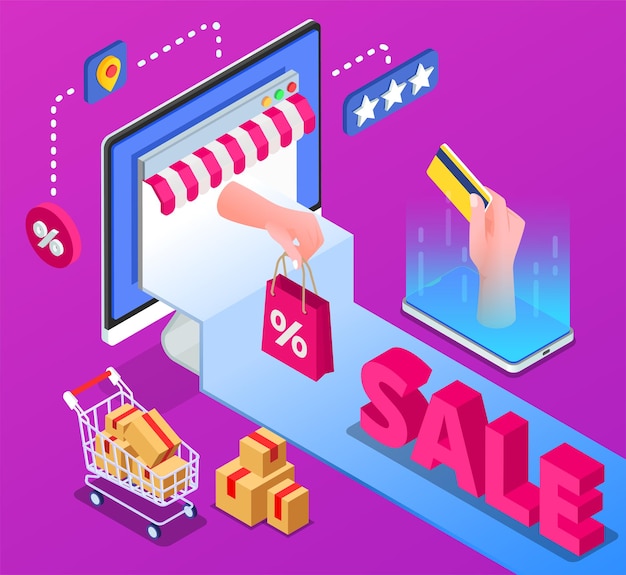 Online sale isometric colorful background with human hand holding plastic credit card bag with percent icon and cart with purchase boxes illustration
