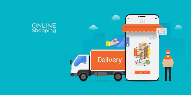 online shopping and delivery service with mobile application technology digital marketing and ecommerce vector illustration